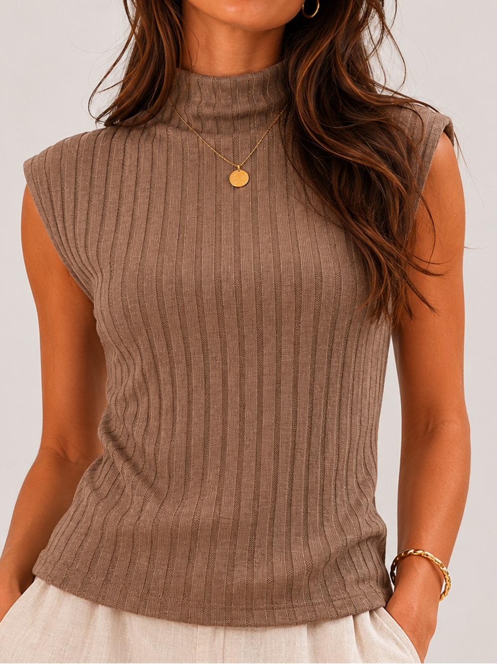 Michael Stars Los Angeles Ribbed Mock Neck Sleeveless Top